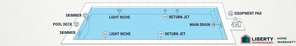 pool plumbing diagram showing underground supply and return lines beneath pool deck